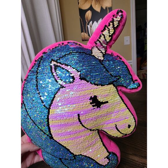 Unicorn Pink Silver Reversible Sequin Throw Pillows 14”x 12” Decorative Mermaid - Picture 5 of 16